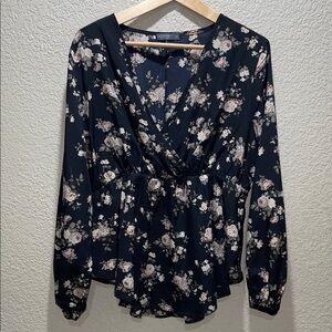 Shein Curve Elegant Floral Wrap Blouse - black